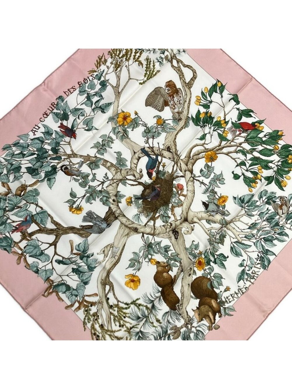 Hermes Scarf Carre 90 Beige Green Multi AU Coeur Des Bois